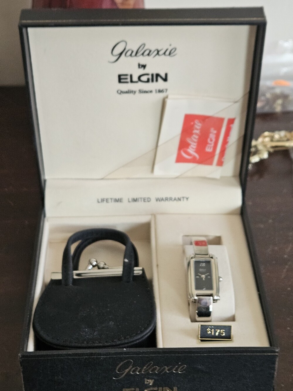 Vintage Galaxie By Elgin Ladies Watch Gift Set Black Purse Clasp Box Tag 1980s.